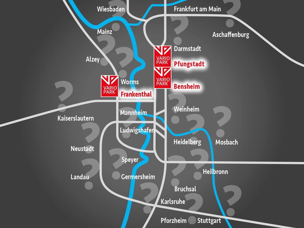 VarioPark-Logos an den aktuellen drei Standorten und bildliche Fragezeichen südlich davon