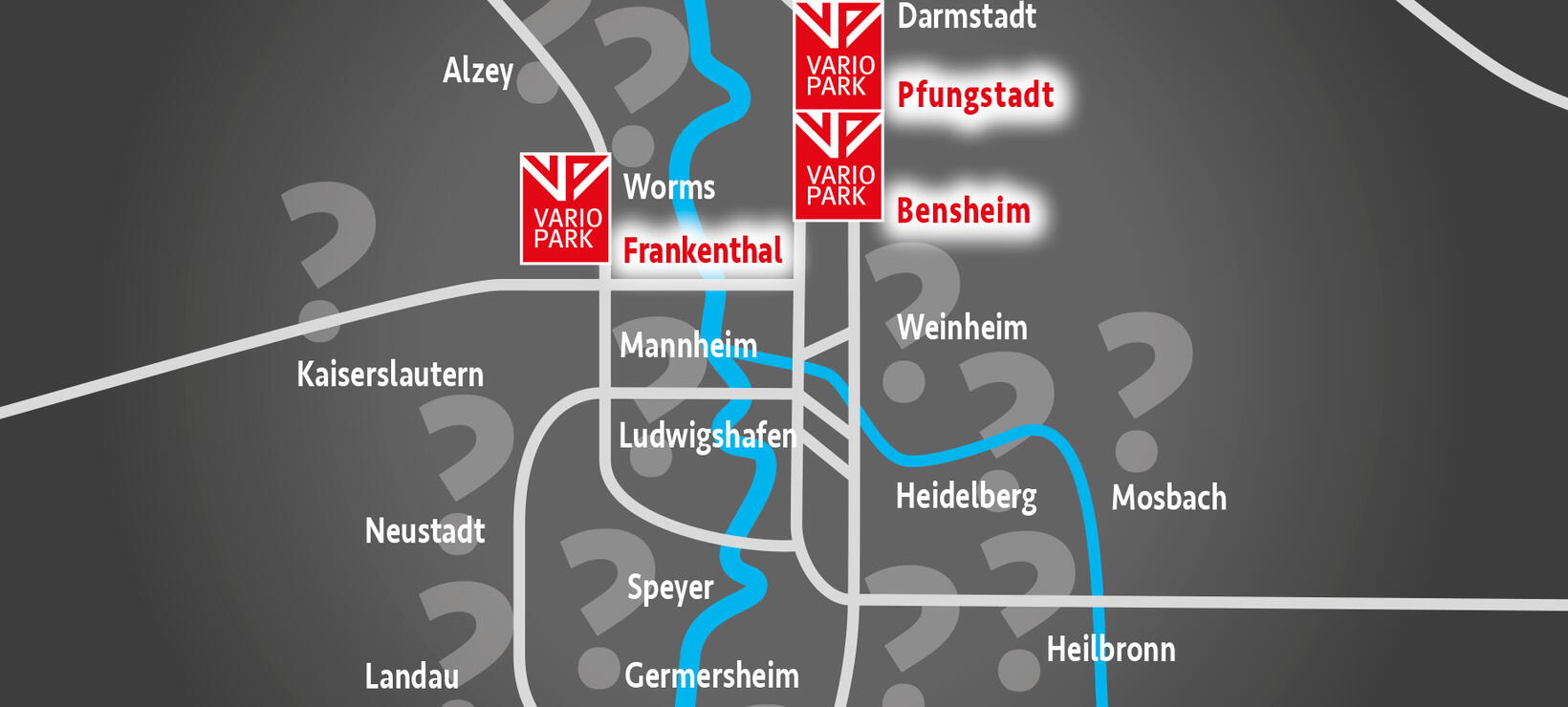 VarioPark-Logos an den aktuellen drei Standorten und bildliche Fragezeichen südlich davon