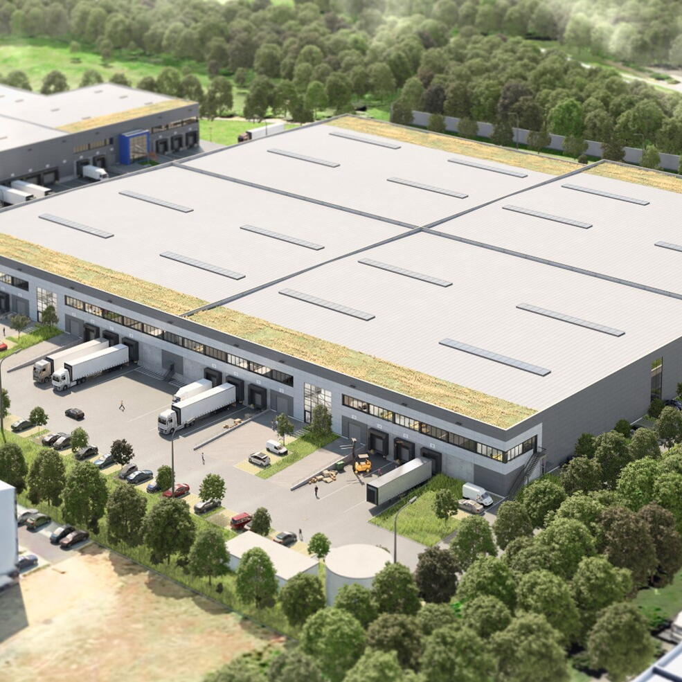 Blick aus der Vogelpersektive auf das Logistikzentrum der Firma Movianto
